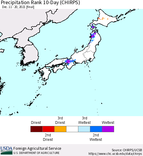Japan Precipitation Rank since 1981, 10-Day (CHIRPS) Thematic Map For 12/11/2021 - 12/20/2021