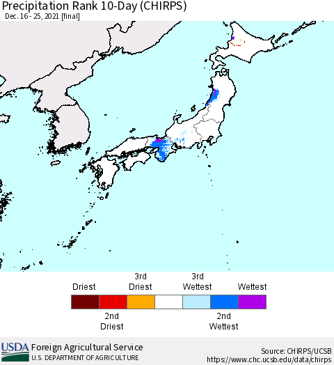Japan Precipitation Rank since 1981, 10-Day (CHIRPS) Thematic Map For 12/16/2021 - 12/25/2021