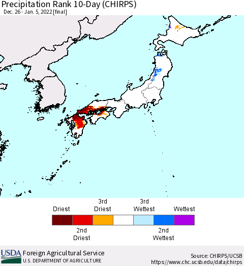 Japan Precipitation Rank since 1981, 10-Day (CHIRPS) Thematic Map For 12/26/2021 - 1/5/2022