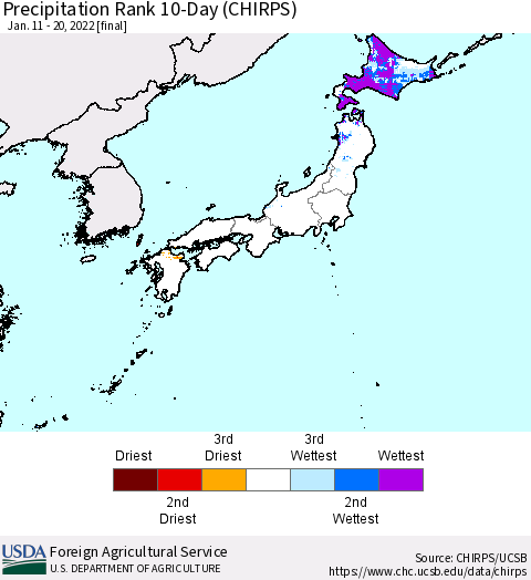 Japan Precipitation Rank since 1981, 10-Day (CHIRPS) Thematic Map For 1/11/2022 - 1/20/2022