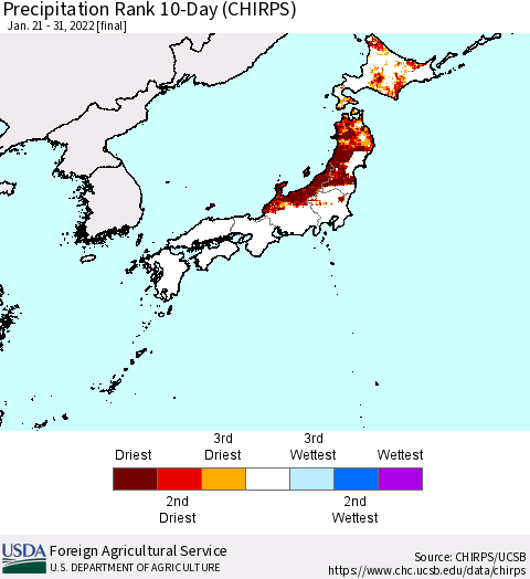 Japan Precipitation Rank since 1981, 10-Day (CHIRPS) Thematic Map For 1/21/2022 - 1/31/2022