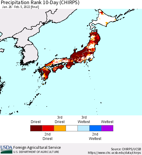 Japan Precipitation Rank since 1981, 10-Day (CHIRPS) Thematic Map For 1/26/2022 - 2/5/2022