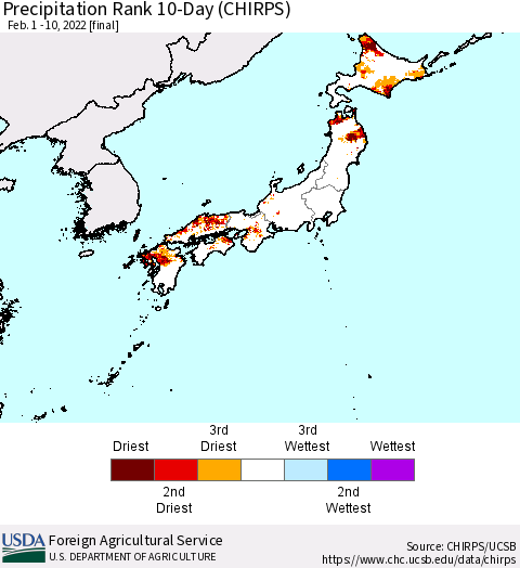 Japan Precipitation Rank since 1981, 10-Day (CHIRPS) Thematic Map For 2/1/2022 - 2/10/2022