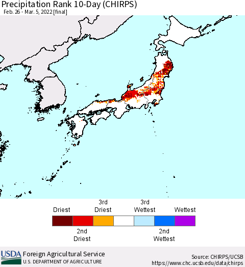 Japan Precipitation Rank since 1981, 10-Day (CHIRPS) Thematic Map For 2/26/2022 - 3/5/2022