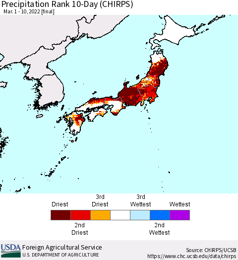 Japan Precipitation Rank since 1981, 10-Day (CHIRPS) Thematic Map For 3/1/2022 - 3/10/2022