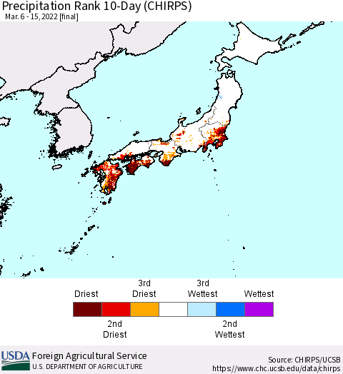 Japan Precipitation Rank since 1981, 10-Day (CHIRPS) Thematic Map For 3/6/2022 - 3/15/2022