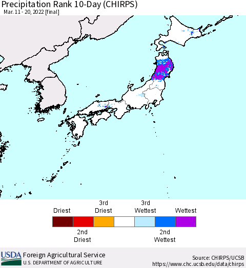 Japan Precipitation Rank since 1981, 10-Day (CHIRPS) Thematic Map For 3/11/2022 - 3/20/2022