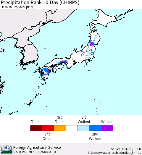 Japan Precipitation Rank since 1981, 10-Day (CHIRPS) Thematic Map For 3/16/2022 - 3/25/2022