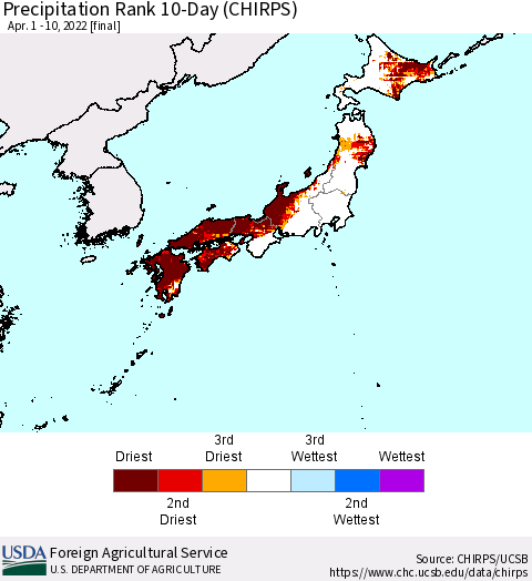 Japan Precipitation Rank since 1981, 10-Day (CHIRPS) Thematic Map For 4/1/2022 - 4/10/2022