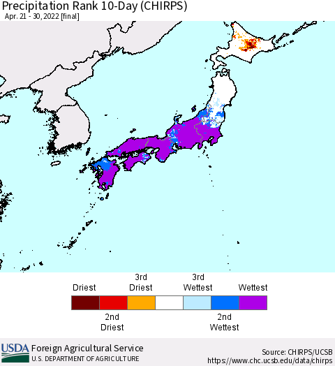 Japan Precipitation Rank since 1981, 10-Day (CHIRPS) Thematic Map For 4/21/2022 - 4/30/2022