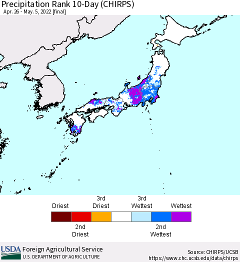 Japan Precipitation Rank since 1981, 10-Day (CHIRPS) Thematic Map For 4/26/2022 - 5/5/2022