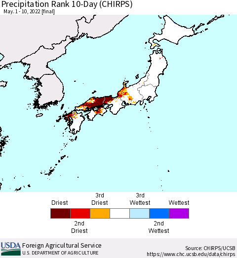 Japan Precipitation Rank since 1981, 10-Day (CHIRPS) Thematic Map For 5/1/2022 - 5/10/2022