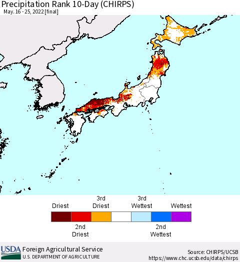 Japan Precipitation Rank since 1981, 10-Day (CHIRPS) Thematic Map For 5/16/2022 - 5/25/2022