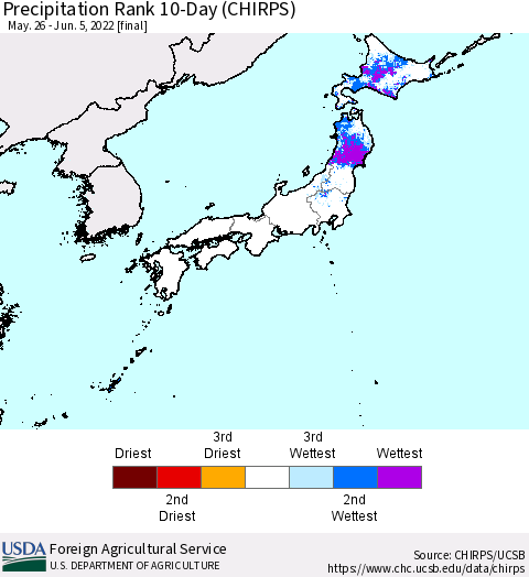 Japan Precipitation Rank since 1981, 10-Day (CHIRPS) Thematic Map For 5/26/2022 - 6/5/2022
