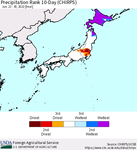Japan Precipitation Rank since 1981, 10-Day (CHIRPS) Thematic Map For 6/21/2022 - 6/30/2022