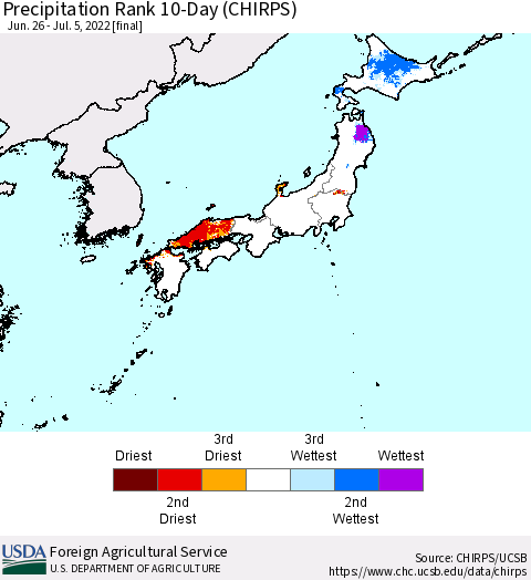 Japan Precipitation Rank since 1981, 10-Day (CHIRPS) Thematic Map For 6/26/2022 - 7/5/2022