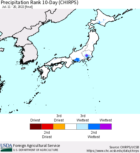 Japan Precipitation Rank since 1981, 10-Day (CHIRPS) Thematic Map For 7/11/2022 - 7/20/2022