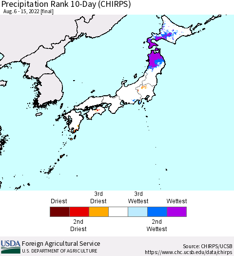 Japan Precipitation Rank since 1981, 10-Day (CHIRPS) Thematic Map For 8/6/2022 - 8/15/2022