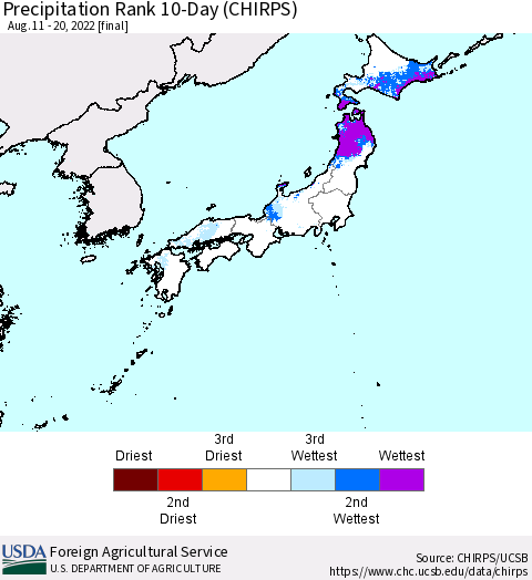 Japan Precipitation Rank since 1981, 10-Day (CHIRPS) Thematic Map For 8/11/2022 - 8/20/2022