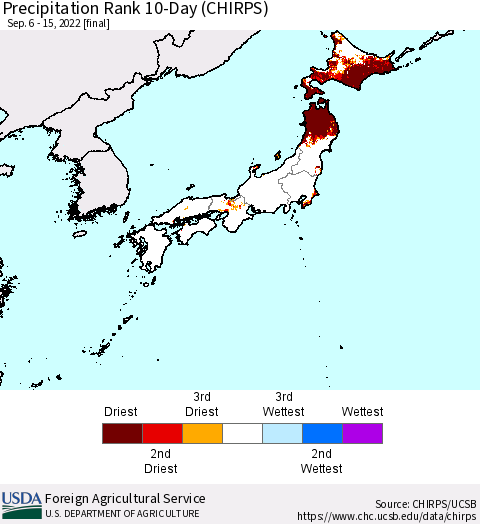 Japan Precipitation Rank since 1981, 10-Day (CHIRPS) Thematic Map For 9/6/2022 - 9/15/2022