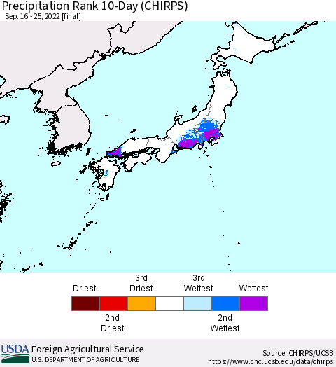 Japan Precipitation Rank since 1981, 10-Day (CHIRPS) Thematic Map For 9/16/2022 - 9/25/2022