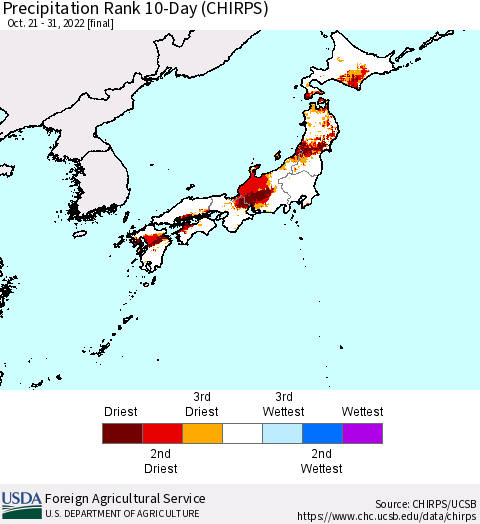 Japan Precipitation Rank since 1981, 10-Day (CHIRPS) Thematic Map For 10/21/2022 - 10/31/2022