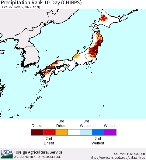 Japan Precipitation Rank since 1981, 10-Day (CHIRPS) Thematic Map For 10/26/2022 - 11/5/2022