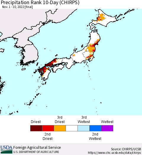 Japan Precipitation Rank since 1981, 10-Day (CHIRPS) Thematic Map For 11/1/2022 - 11/10/2022