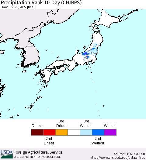 Japan Precipitation Rank since 1981, 10-Day (CHIRPS) Thematic Map For 11/16/2022 - 11/25/2022