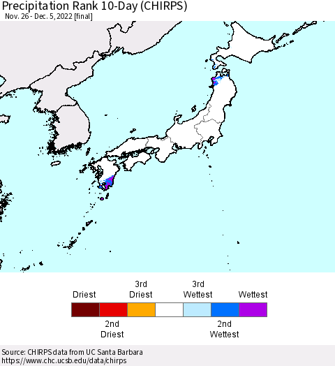 Japan Precipitation Rank since 1981, 10-Day (CHIRPS) Thematic Map For 11/26/2022 - 12/5/2022