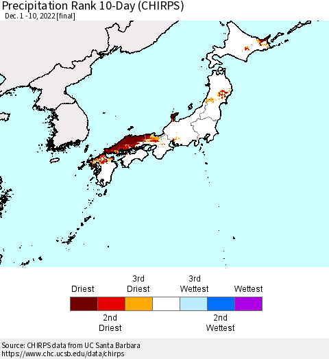 Japan Precipitation Rank since 1981, 10-Day (CHIRPS) Thematic Map For 12/1/2022 - 12/10/2022