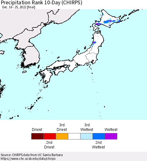 Japan Precipitation Rank since 1981, 10-Day (CHIRPS) Thematic Map For 12/16/2022 - 12/25/2022