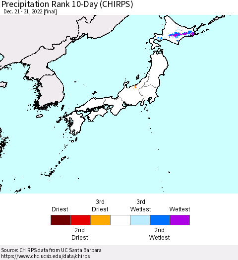 Japan Precipitation Rank since 1981, 10-Day (CHIRPS) Thematic Map For 12/21/2022 - 12/31/2022