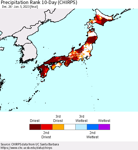 Japan Precipitation Rank since 1981, 10-Day (CHIRPS) Thematic Map For 12/26/2022 - 1/5/2023