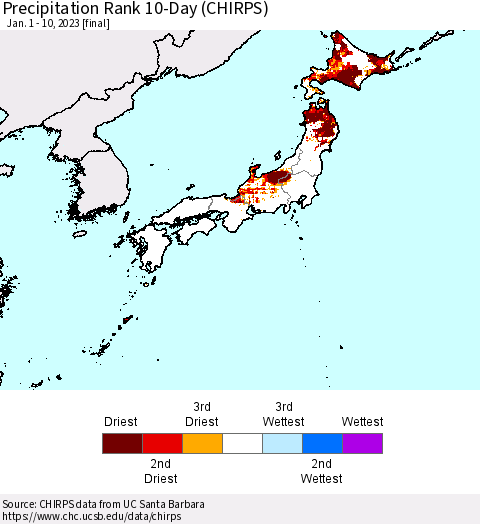 Japan Precipitation Rank since 1981, 10-Day (CHIRPS) Thematic Map For 1/1/2023 - 1/10/2023