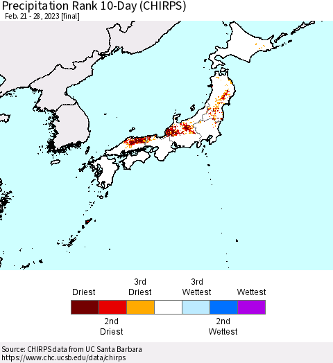 Japan Precipitation Rank since 1981, 10-Day (CHIRPS) Thematic Map For 2/21/2023 - 2/28/2023