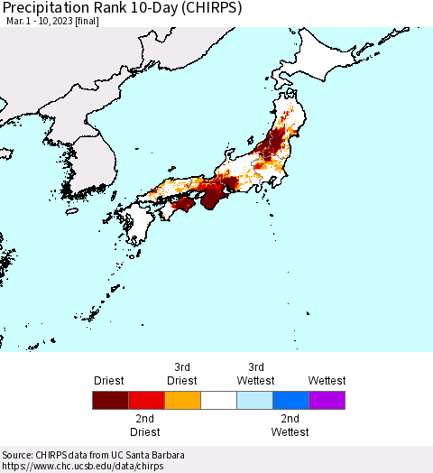 Japan Precipitation Rank since 1981, 10-Day (CHIRPS) Thematic Map For 3/1/2023 - 3/10/2023