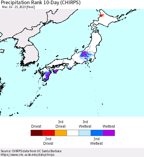 Japan Precipitation Rank since 1981, 10-Day (CHIRPS) Thematic Map For 3/16/2023 - 3/25/2023