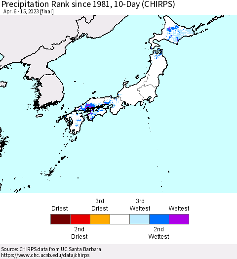 Japan Precipitation Rank since 1981, 10-Day (CHIRPS) Thematic Map For 4/6/2023 - 4/15/2023