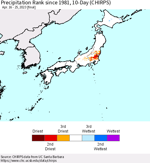 Japan Precipitation Rank since 1981, 10-Day (CHIRPS) Thematic Map For 4/16/2023 - 4/25/2023