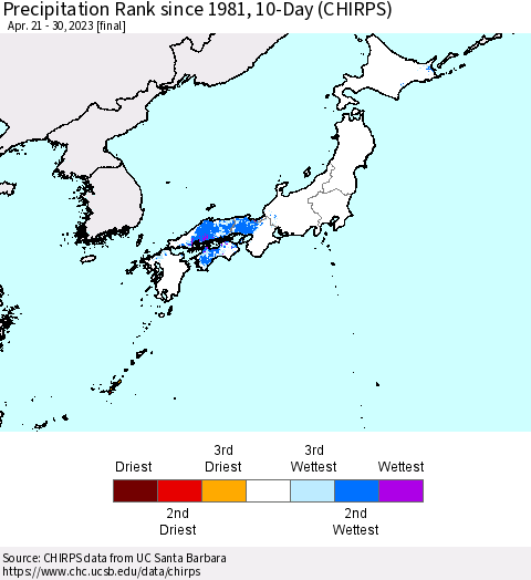 Japan Precipitation Rank since 1981, 10-Day (CHIRPS) Thematic Map For 4/21/2023 - 4/30/2023