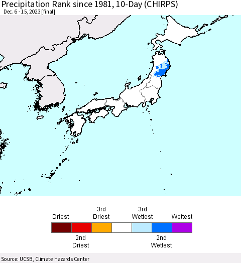 Japan Precipitation Rank since 1981, 10-Day (CHIRPS) Thematic Map For 12/6/2023 - 12/15/2023