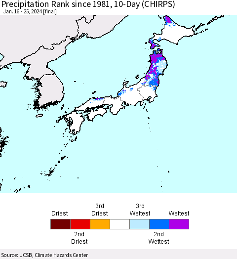 Japan Precipitation Rank since 1981, 10-Day (CHIRPS) Thematic Map For 1/16/2024 - 1/25/2024