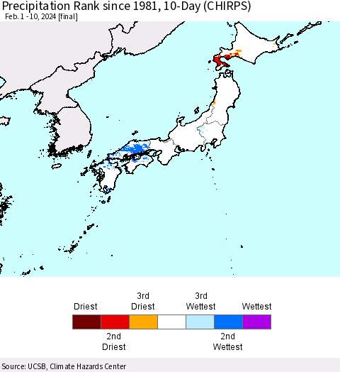 Japan Precipitation Rank since 1981, 10-Day (CHIRPS) Thematic Map For 2/1/2024 - 2/10/2024