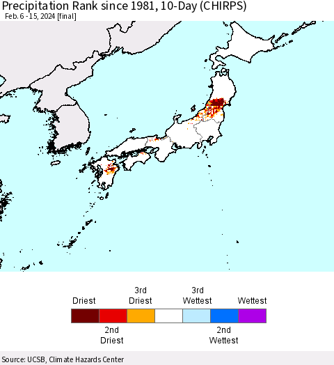 Japan Precipitation Rank since 1981, 10-Day (CHIRPS) Thematic Map For 2/6/2024 - 2/15/2024
