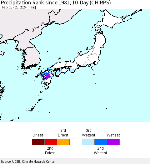 Japan Precipitation Rank since 1981, 10-Day (CHIRPS) Thematic Map For 2/16/2024 - 2/25/2024
