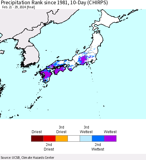 Japan Precipitation Rank since 1981, 10-Day (CHIRPS) Thematic Map For 2/21/2024 - 2/29/2024