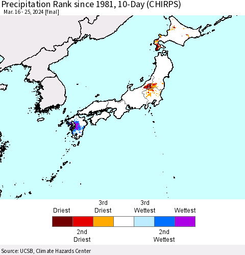 Japan Precipitation Rank since 1981, 10-Day (CHIRPS) Thematic Map For 3/16/2024 - 3/25/2024