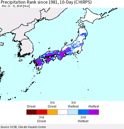 Japan Precipitation Rank since 1981, 10-Day (CHIRPS) Thematic Map For 3/21/2024 - 3/31/2024