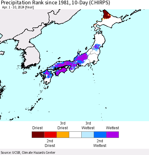 Japan Precipitation Rank since 1981, 10-Day (CHIRPS) Thematic Map For 4/1/2024 - 4/10/2024
